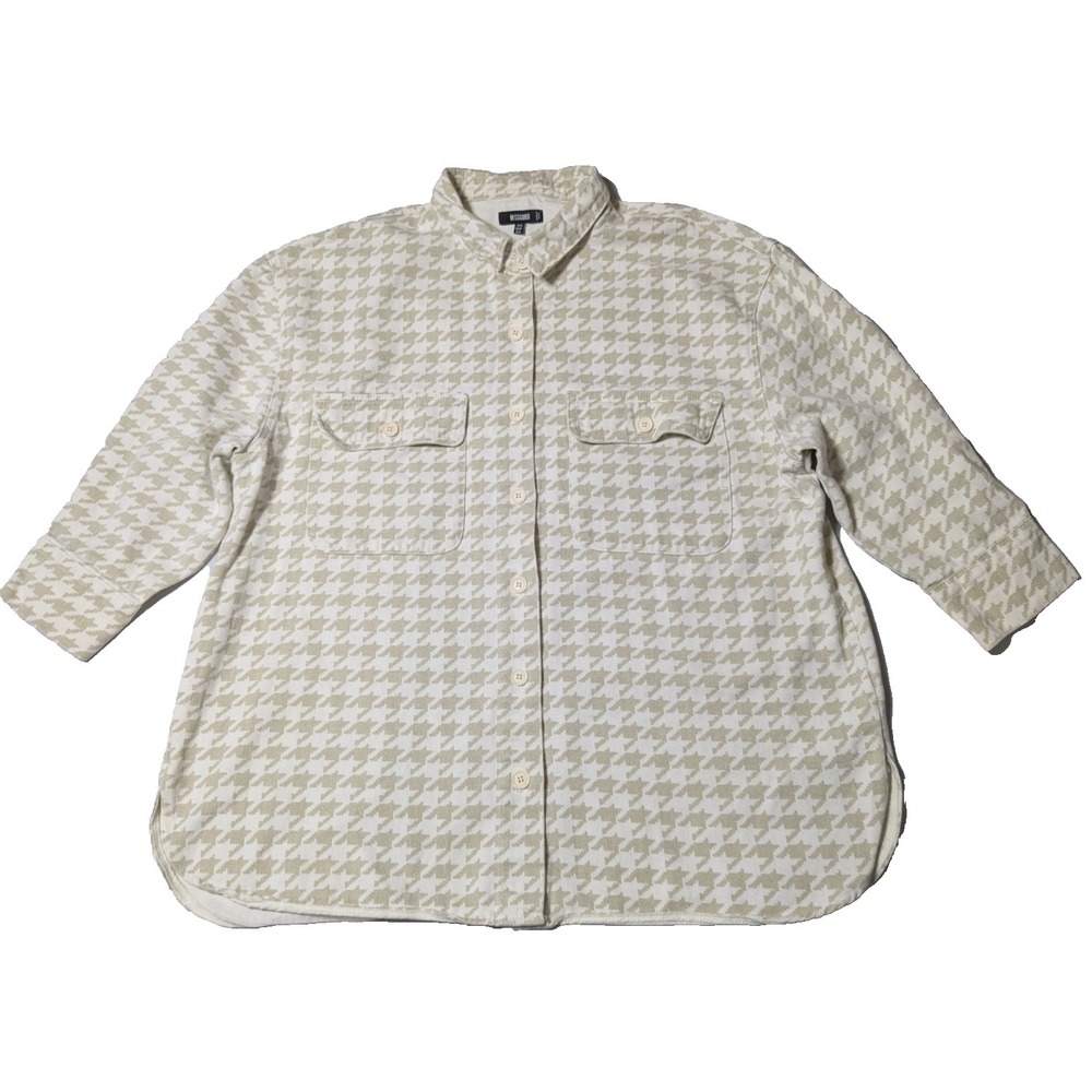 MISSGUIDED Houndstooth Women Oversized 14 Beige Cotton 3/4 Sleeve Shirt Shacket